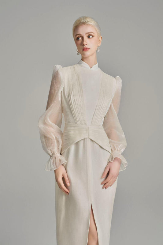 Wrenlee Pencil Mandarin Neck Voile Midi Dress - MEAN BLVD