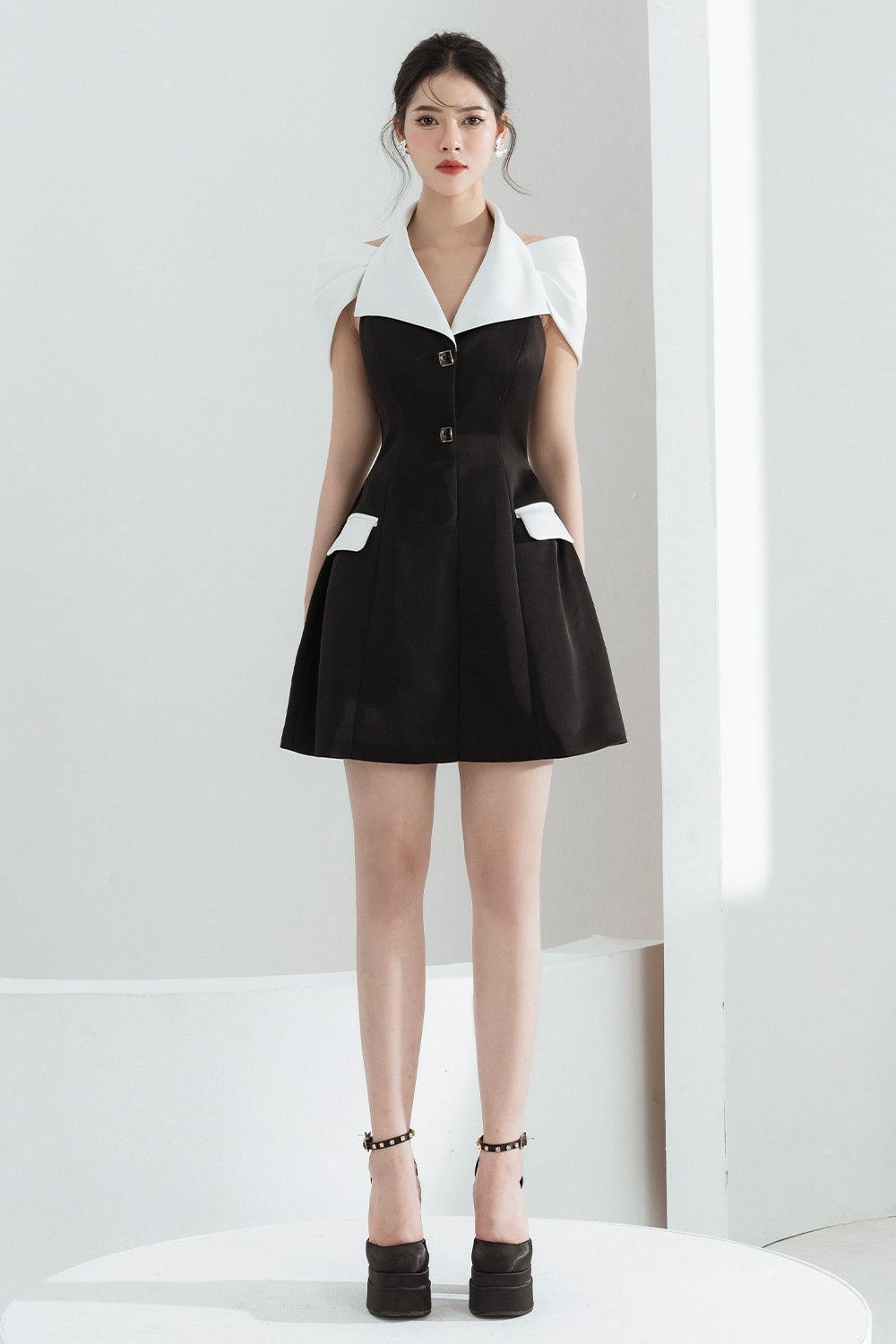 Women's Yumi A-line Cold Shoulder Sleeved Chanel Mini Dress S/M/L Black/White MEAN BLVD Customize / Black Women's Yumi A-line Cold Shoulder Sleeved Chanel Mini Dress S/M/L Black/White MEAN BLVD Customize / Black