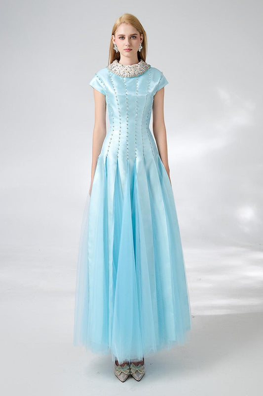 Zuniga Gored High Neck Mesh Silk Maxi Dress - MEAN BLVD