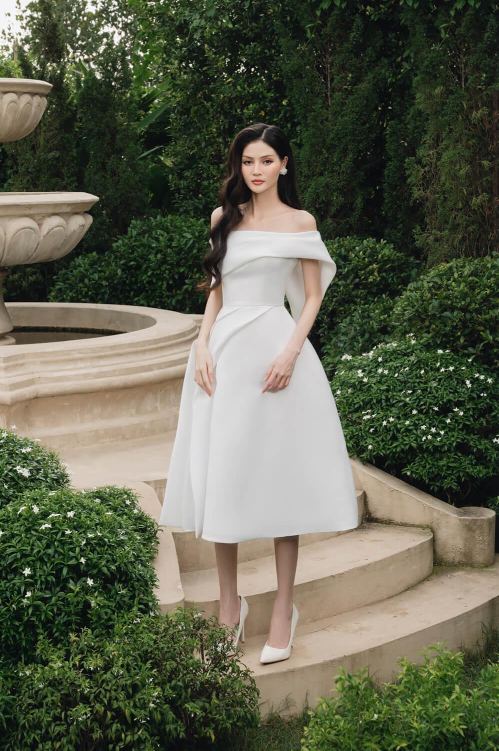 Women's Amberly Fit and Flare Off-Shoulder Taffeta Below The Knee Dress S/M/L White MEAN BLVD Customize / White Women's Amberly Fit and Flare Off-Shoulder Taffeta Below The Knee Dress S/M/L White MEAN BLVD Customize / White