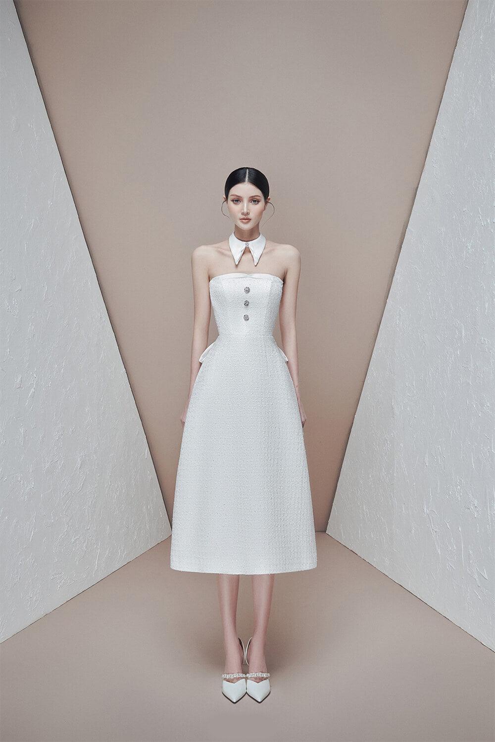 Women's Anne Fit and Flare Straight Across Neck Tweed Midi Dress XS/S/M/L White MEAN BLVD Women's Anne Fit and Flare Straight Across Neck Tweed Midi Dress XS/S/M/L White MEAN BLVD