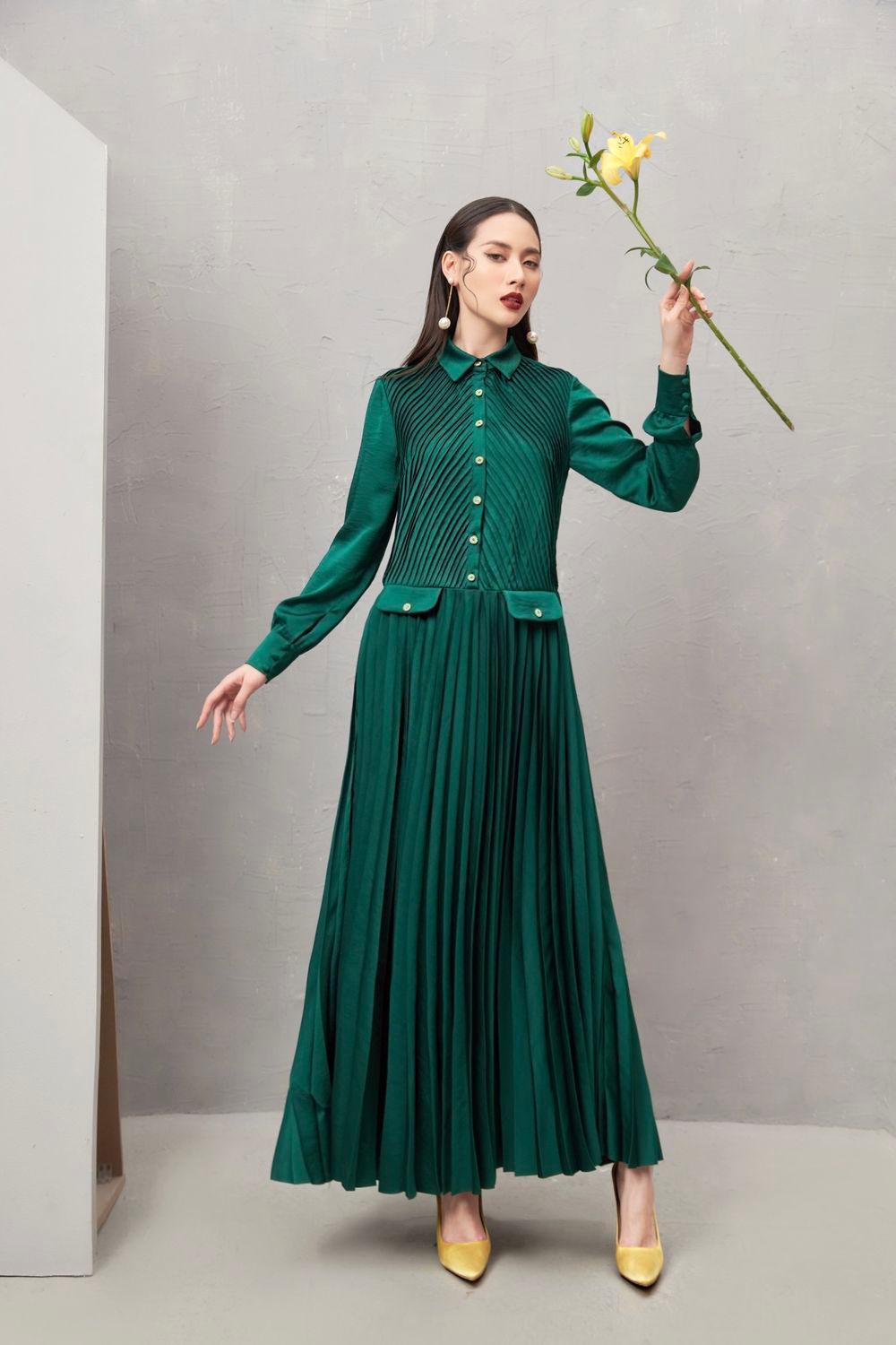 ariel midi dress Women's Ariel Pleated Collared Neck Taffeta Ankle Length Dress XS/S/M/L/XL Green MEAN BLVD M / Green