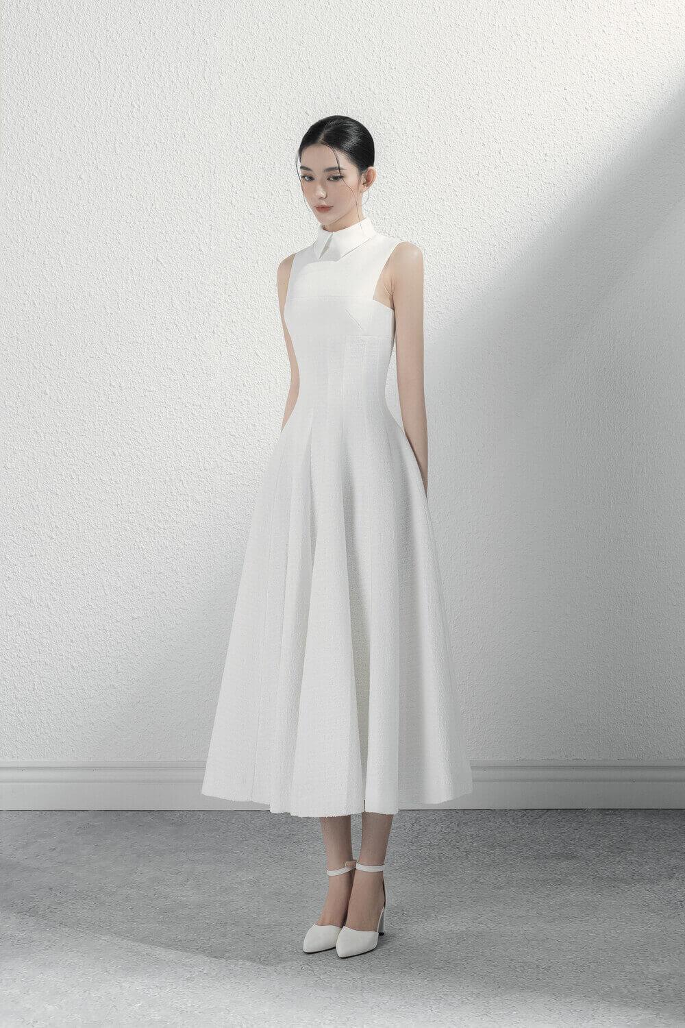 Women's Aura Fit and Flare Collared Neck Midi Dress XS/S/M/L White MEAN BLVD XS / White Women's Aura Fit and Flare Collared Neck Midi Dress XS/S/M/L White MEAN BLVD XS / White