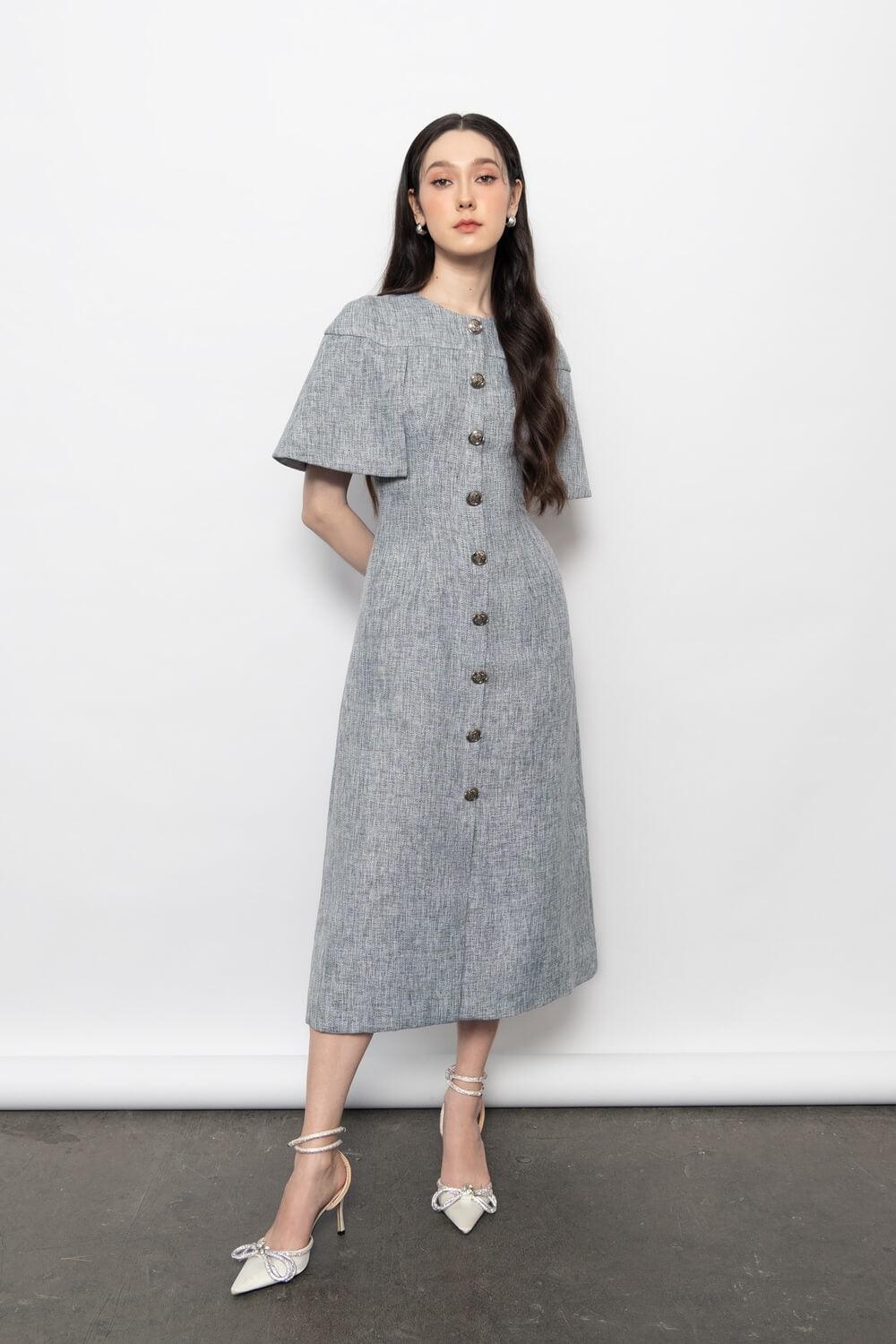 Women's Ava A-Line Button Tweed Midi Dress S/M/L Grey Mean Blvd, S / Grey Women's Ava A-Line Button Tweed Midi Dress S/M/L Grey Mean Blvd, S / Grey