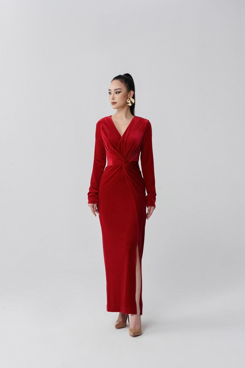 knee length dresses for ladies Velvet Buttoned Puff Sleeve V Neck Split Midi Dress