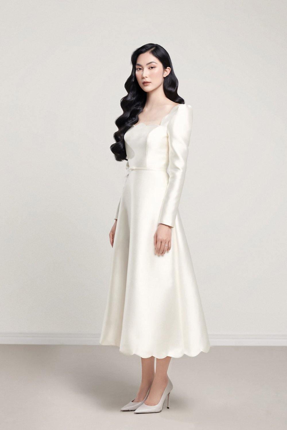 Women's Charlotte Fit and Flare Scallop Neck Taffeta Midi Dress Xs/S/M/L Cream Mean Blvd M / Cream Women's Charlotte Fit and Flare Scallop Neck Taffeta Midi Dress Xs/S/M/L Cream Mean Blvd M / Cream