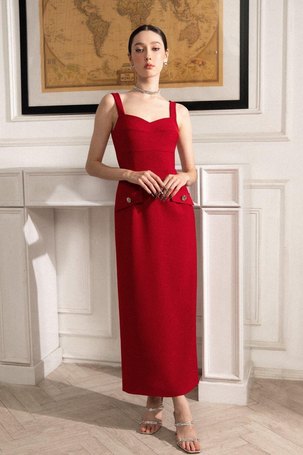 Women's Eleanor Sheath Strappy Polyester Midi Dress S/M/L Red/Black Mean Blvd Customize / Red