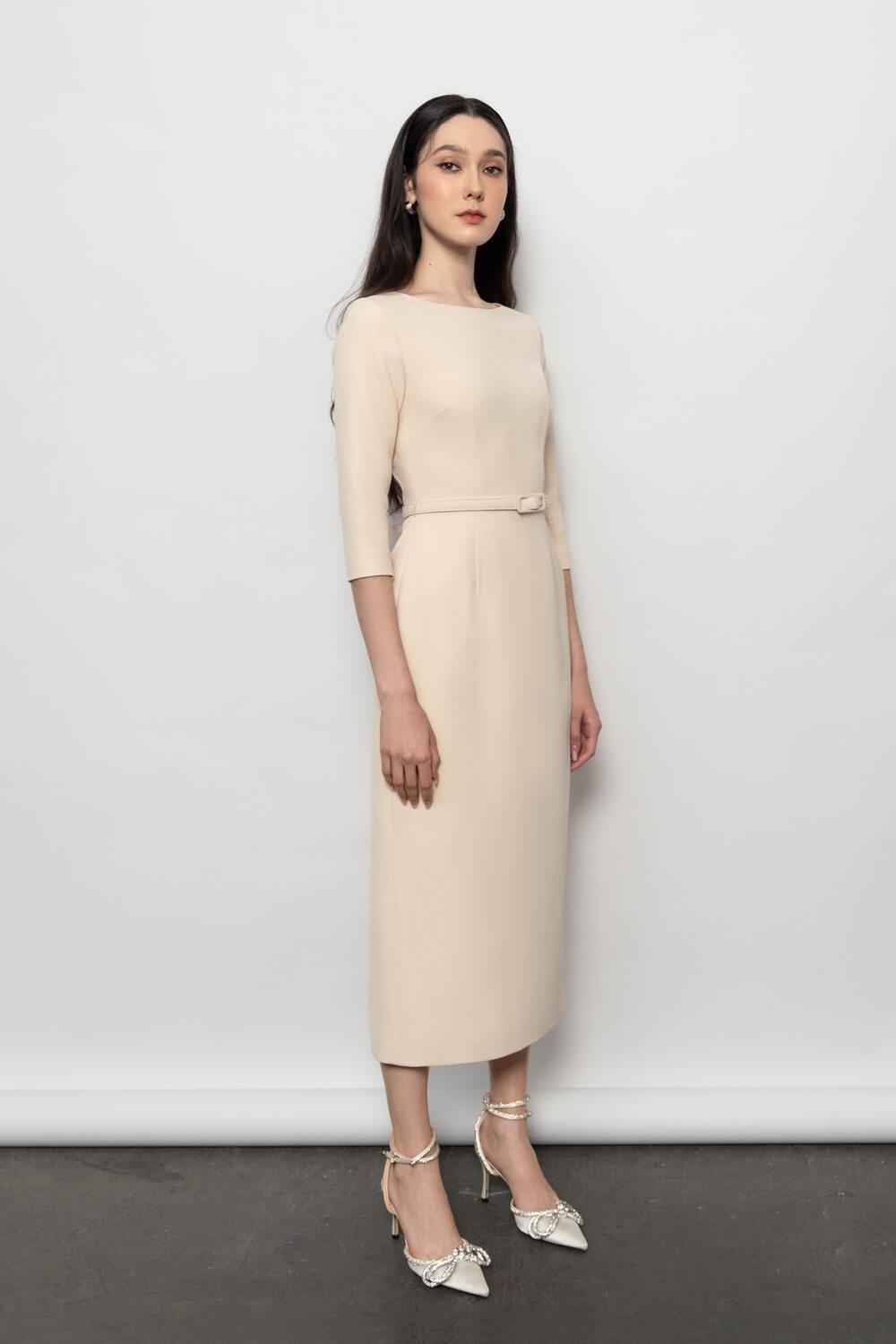 beige boat neck dress The Beige Boat Neck Textured Mini Dress
