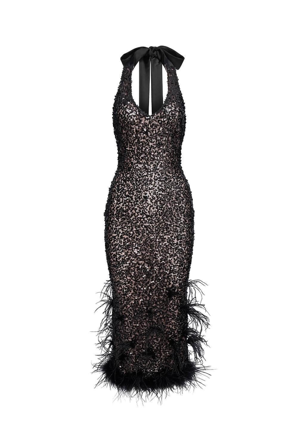 Women's Livia Bodycon Feather Spandex Midi Dress XXS/XS/S/M/L Black MEAN BLVD M / Black Women's Livia Bodycon Feather Spandex Midi Dress XXS/XS/S/M/L Black MEAN BLVD M / Black