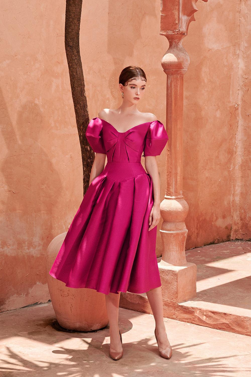 Women's Meghan Fit and Flare Off-Shoulder Taffeta Midi Dress S/M/L Pink MEAN BLVD Customize / Pink