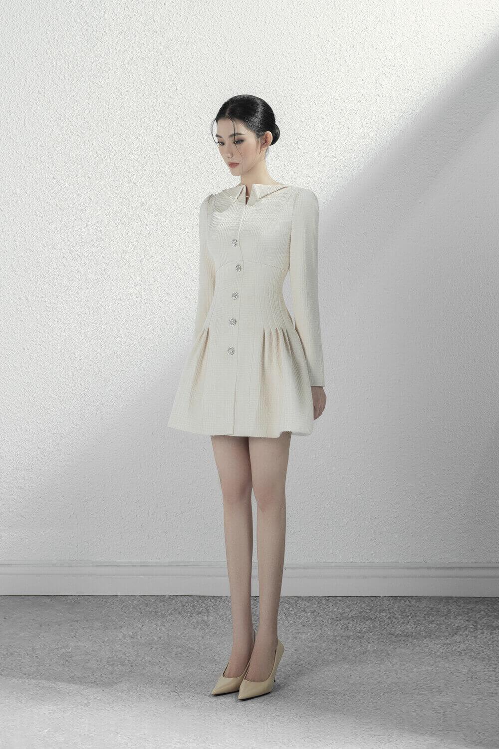 green emerald velvet dress Women's Sophia Drop Waist Long Sleeved Brocade Mini Dress Xs/S/M Cream Mean Blvd Xs / Cream