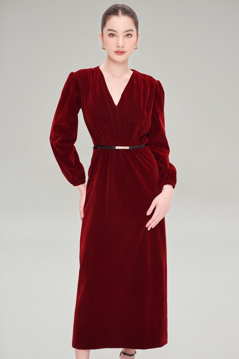 V-Neck Long Sleeve Midi Velvet Dress