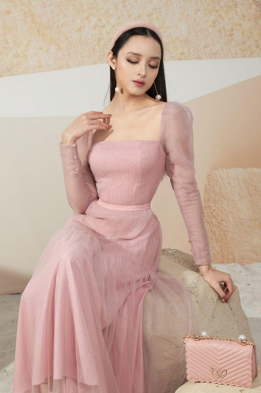 Tyler A-line Square Neck Mesh Sheer Midi Dress - MEAN BLVD