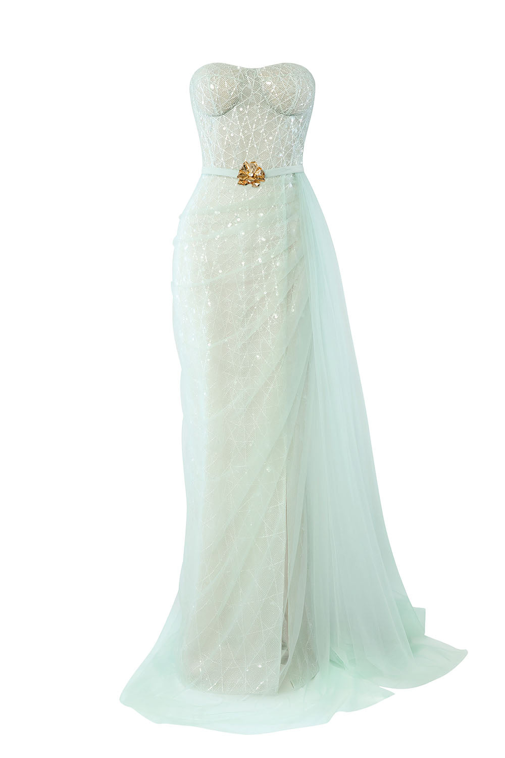 Lyrixa Asymmetric Cape Shoulder Mesh Sequin Floor Length Dress