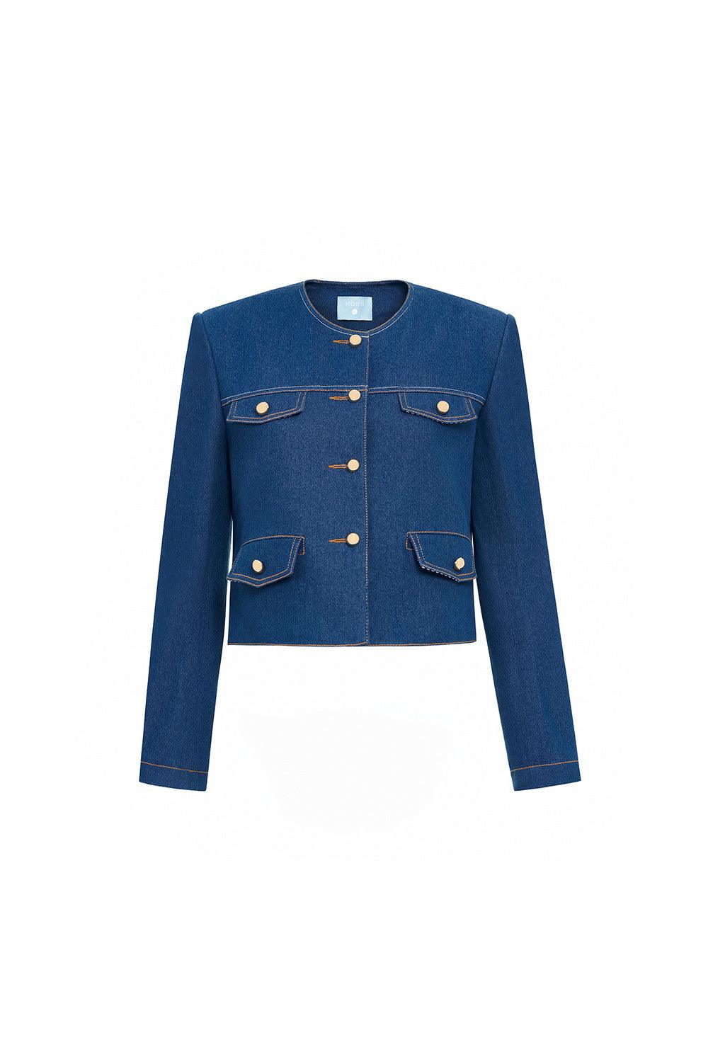 Joanna Cropped Flap Pocket Cotton Denim Jacket