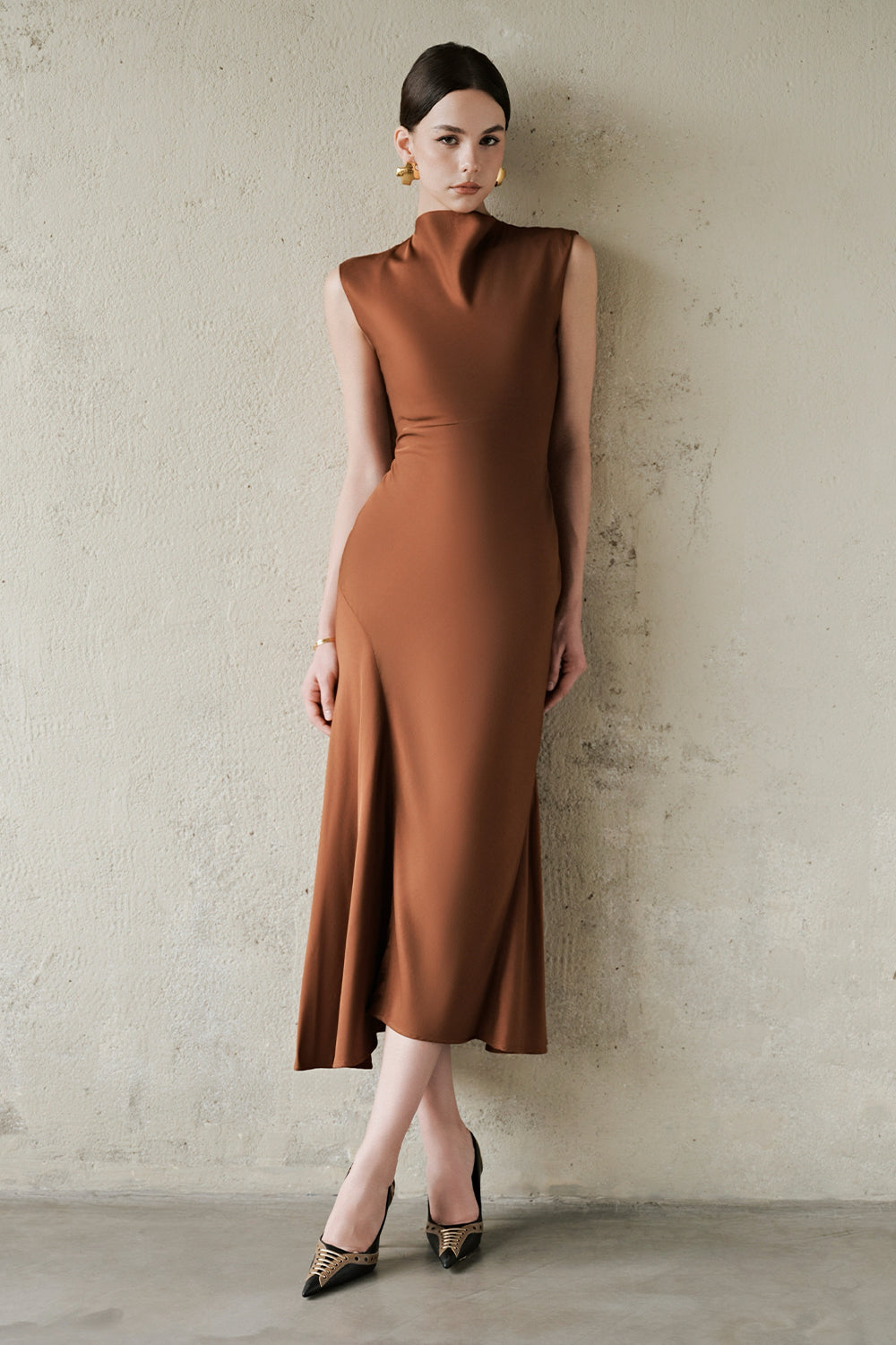 Women's Inez High Neck Synthetic Silk Midi Dress S/M/L/Customize Brown MEAN BLVD Women's Inez High Neck Synthetic Silk Midi Dress S/M/L/Customize Brown MEAN BLVD