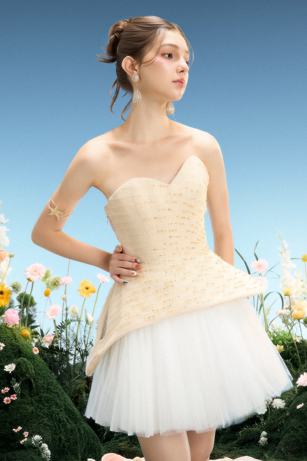Roxana Sweetheart Mini Dress Pale Gold & White / Customize