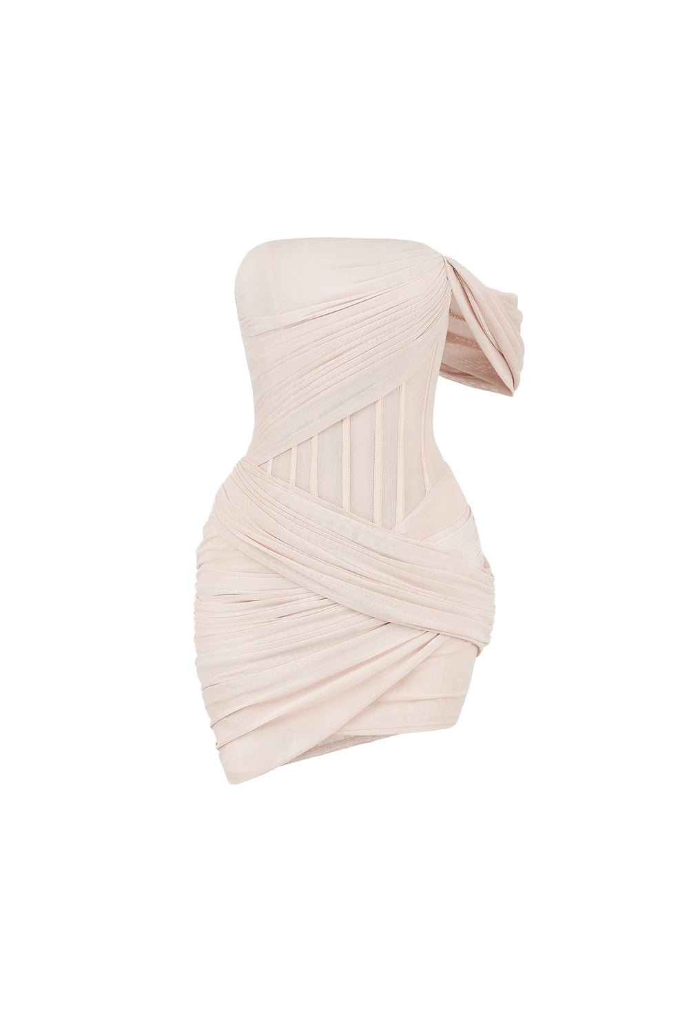 Ada Crossover Asymmetric Sleeved Mesh Spandex Mini Dress