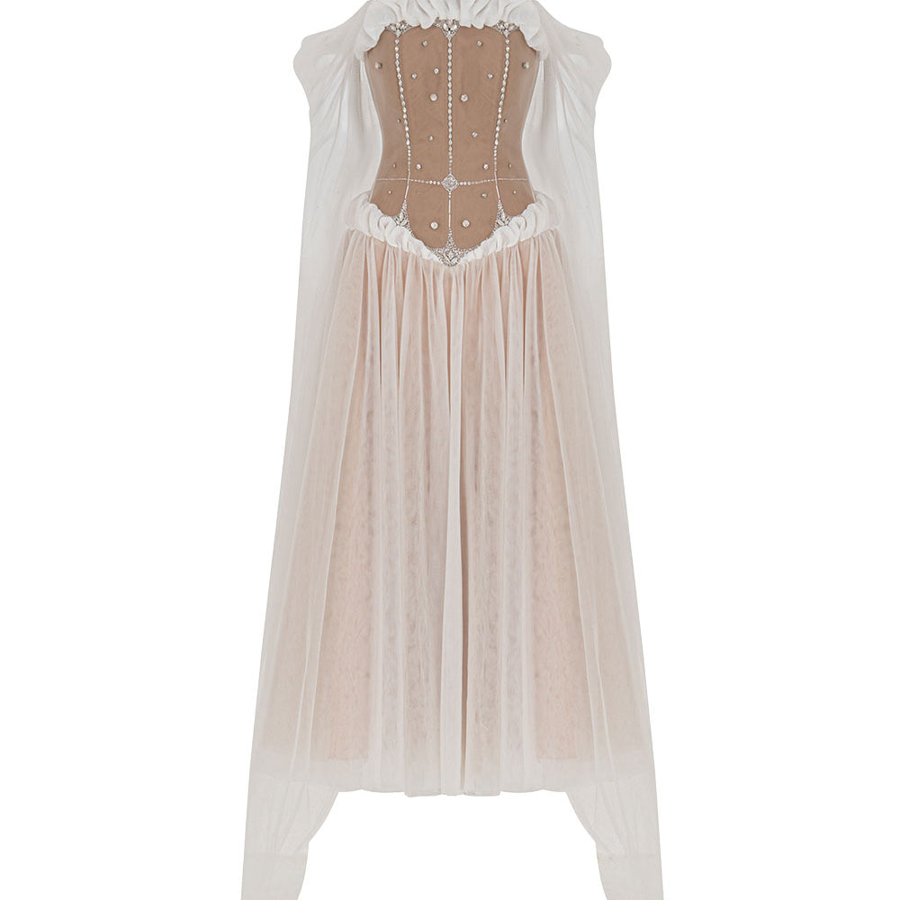 Luminous A-line Cape Sleeved Tulle Ankle Length Dress