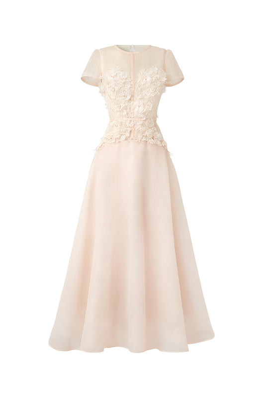 Starry A-line Flower Applique Organza Midi Dress