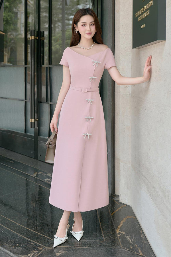 Ladies A-line Short Sleeved Linen Cotton Midi Dress