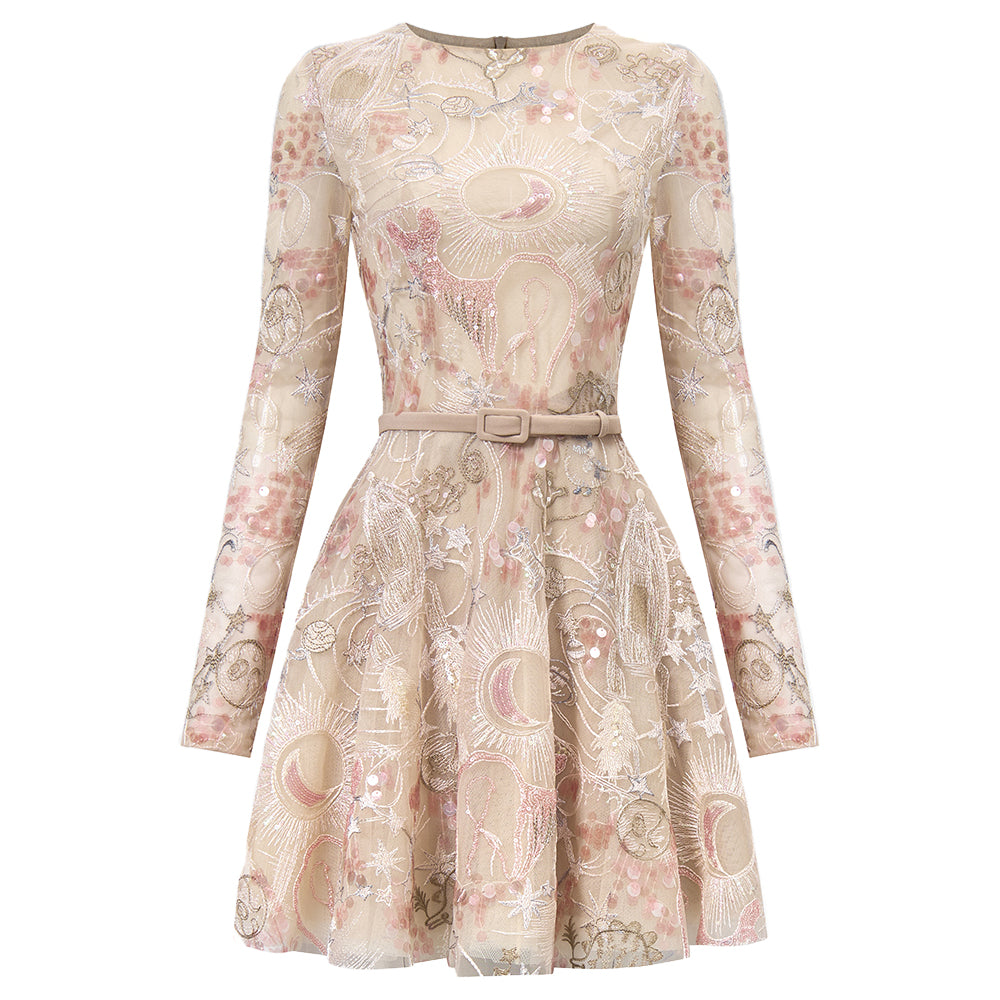 Tidal Whisper Pleated Long Sleeved Embroidered Lace Mini Dress