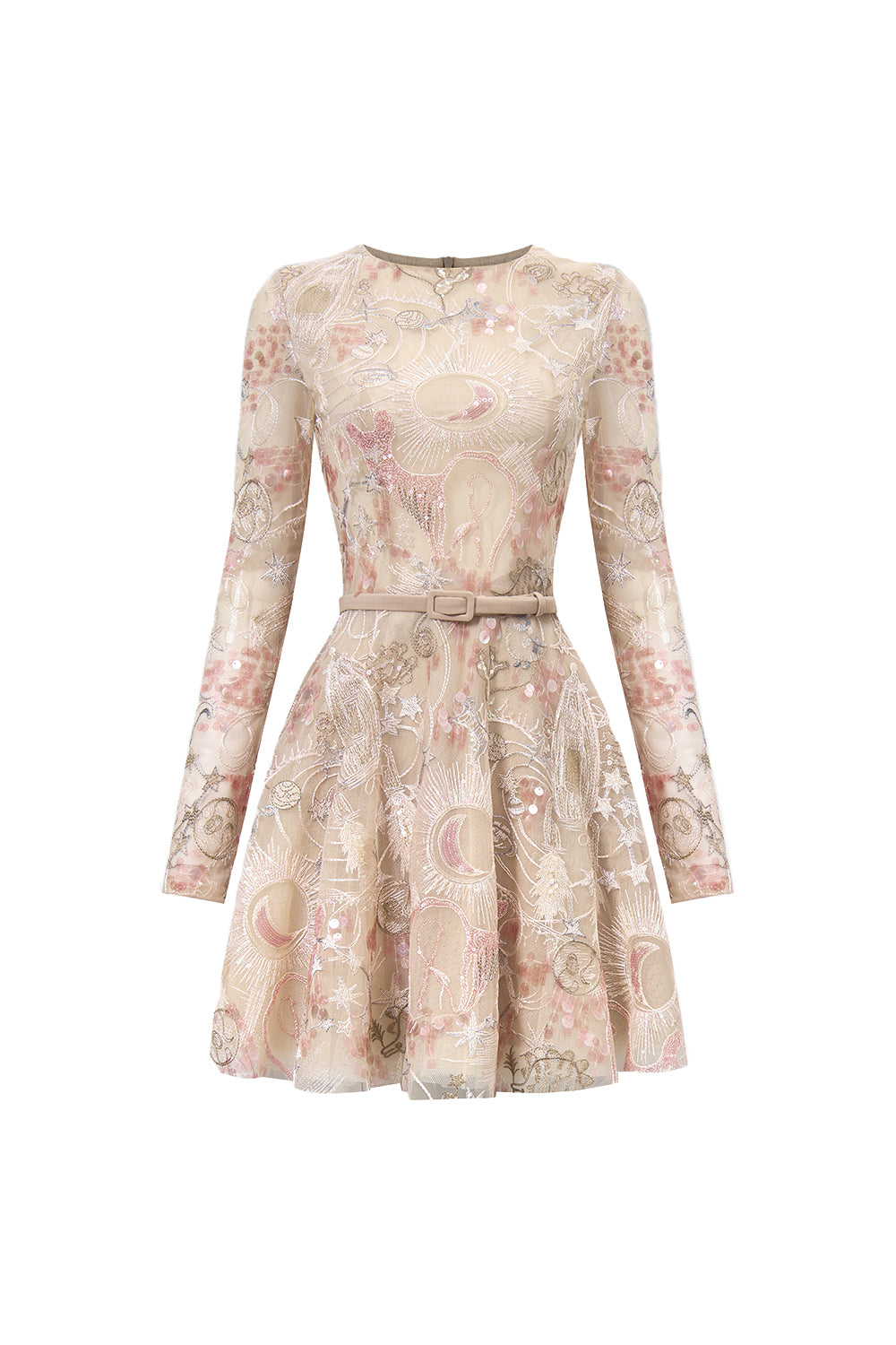 Tidal Whisper Pleated Long Sleeved Embroidered Lace Mini Dress