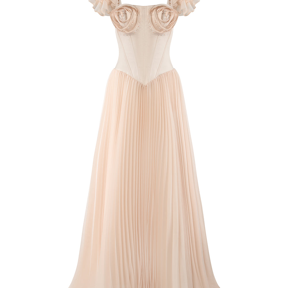 Héliara A-line Flutter Sleeved Organza Satin Maxi Dress