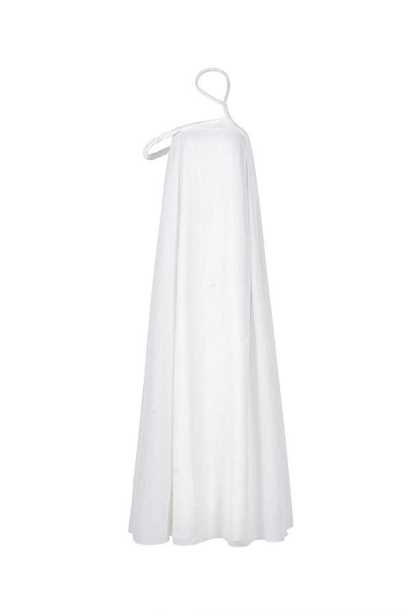 Thuy Du Flared Asymmetric Shoulder Floss Silk Maxi Dress