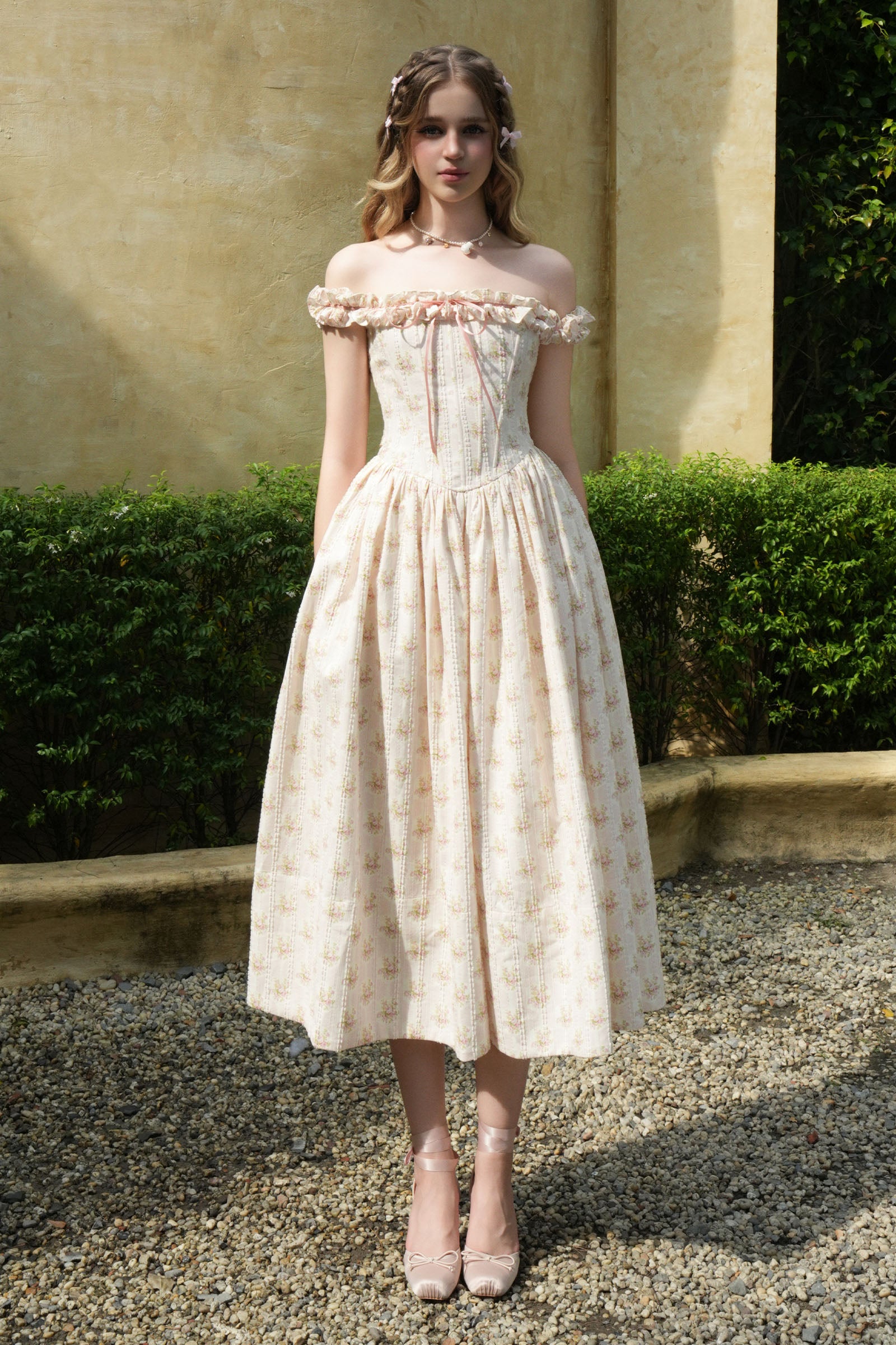 Sharmaine Off-Shoulder Midi Dress Cream Pink / Customize
