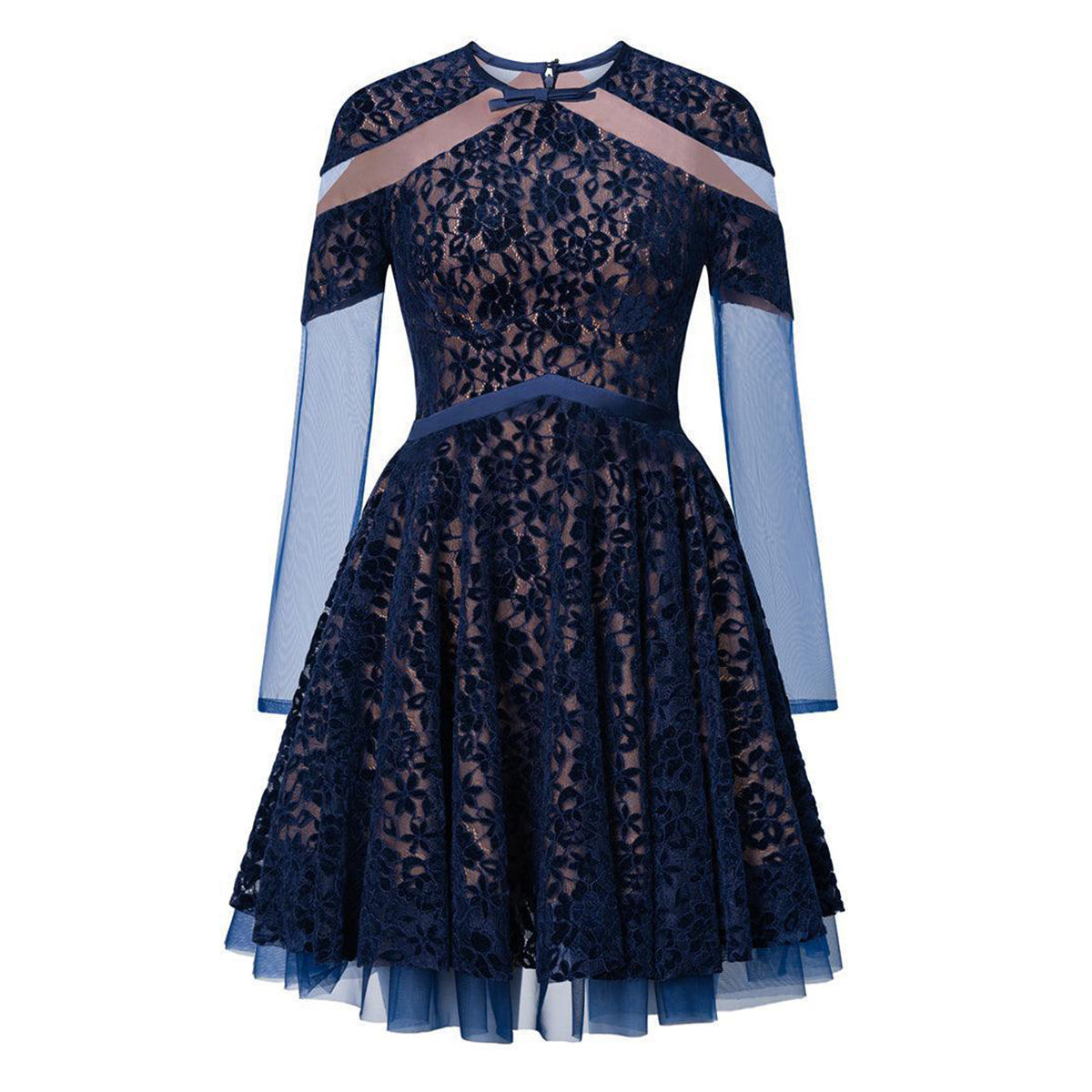 Sybil A-line Round Neck Lace Mini Dress