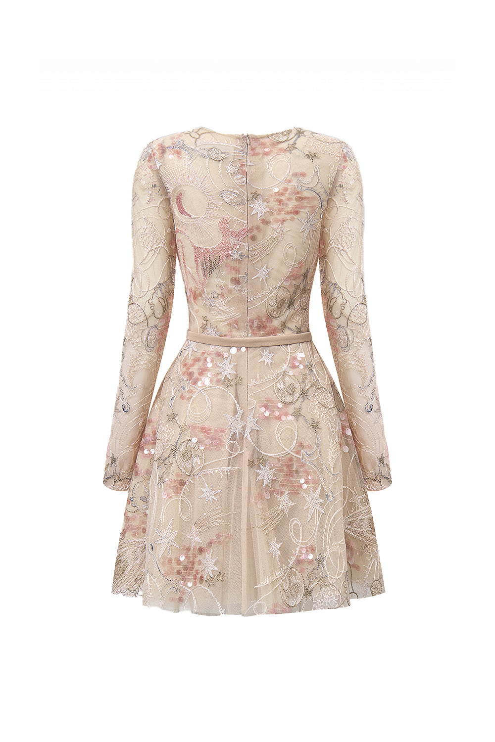Tidal Whisper Pleated Long Sleeved Embroidered Lace Mini Dress