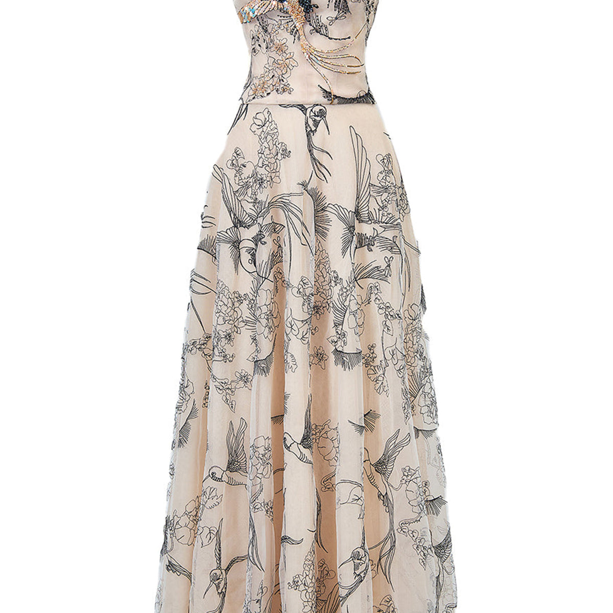 Timeless Crane A-line Semi-Heart Neck Tulle Maxi Dress