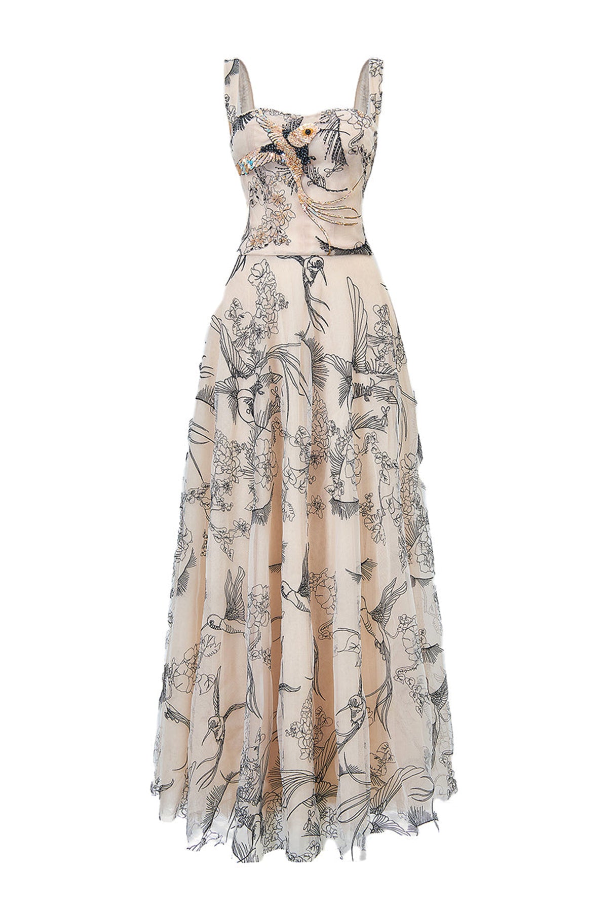 Timeless Crane A-line Semi-Heart Neck Tulle Maxi Dress