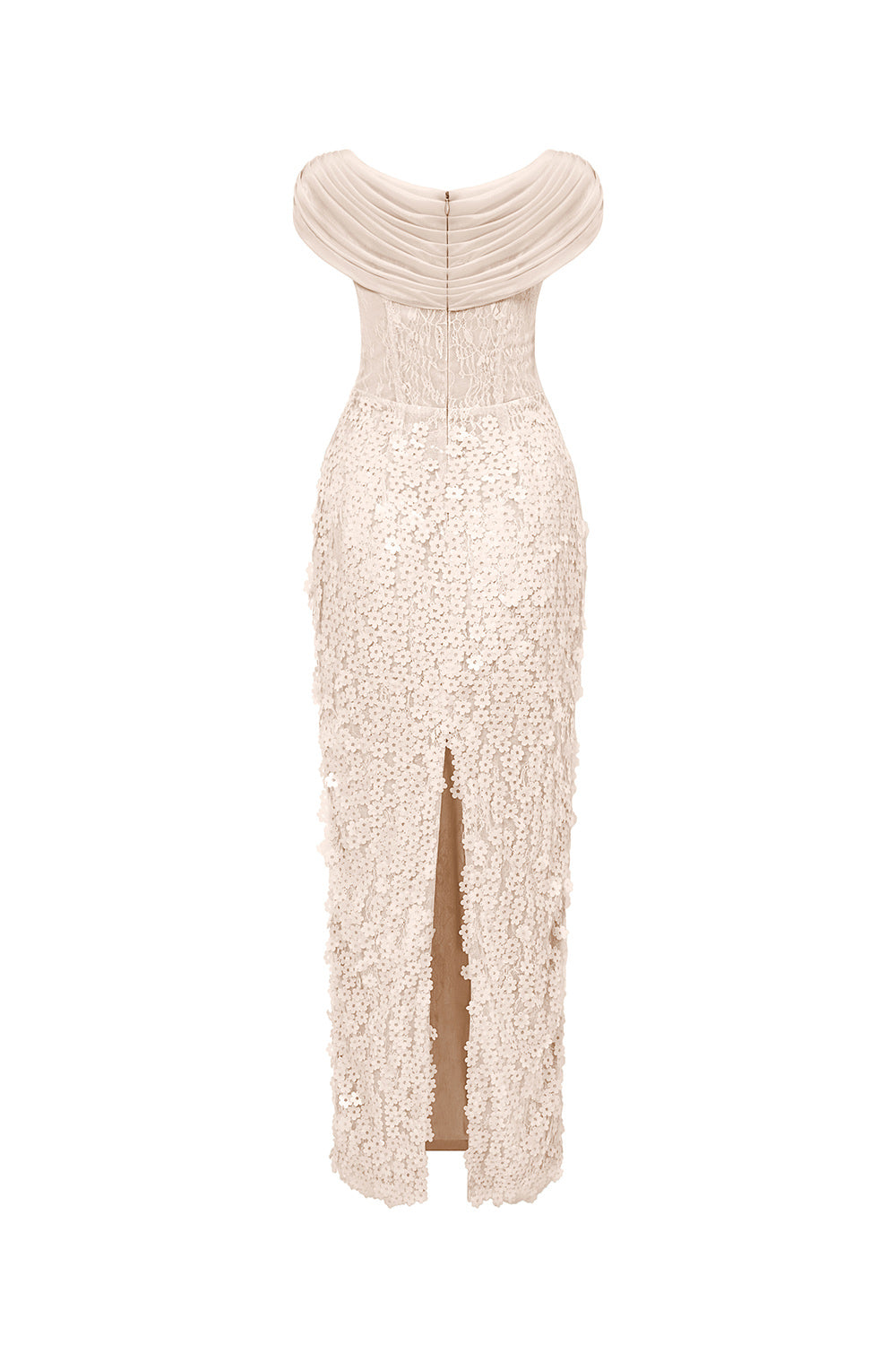 Solviva Sheath Cowl Neck Mesh Lace Ankle Length Dress