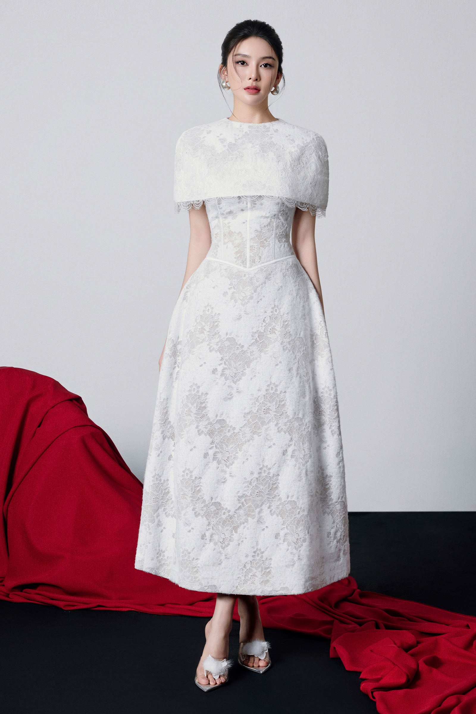 Women's Tina Cape Sleeve Lace Maxi Dress XS/S/M/L/XL/Customize White MEAN  BLVD