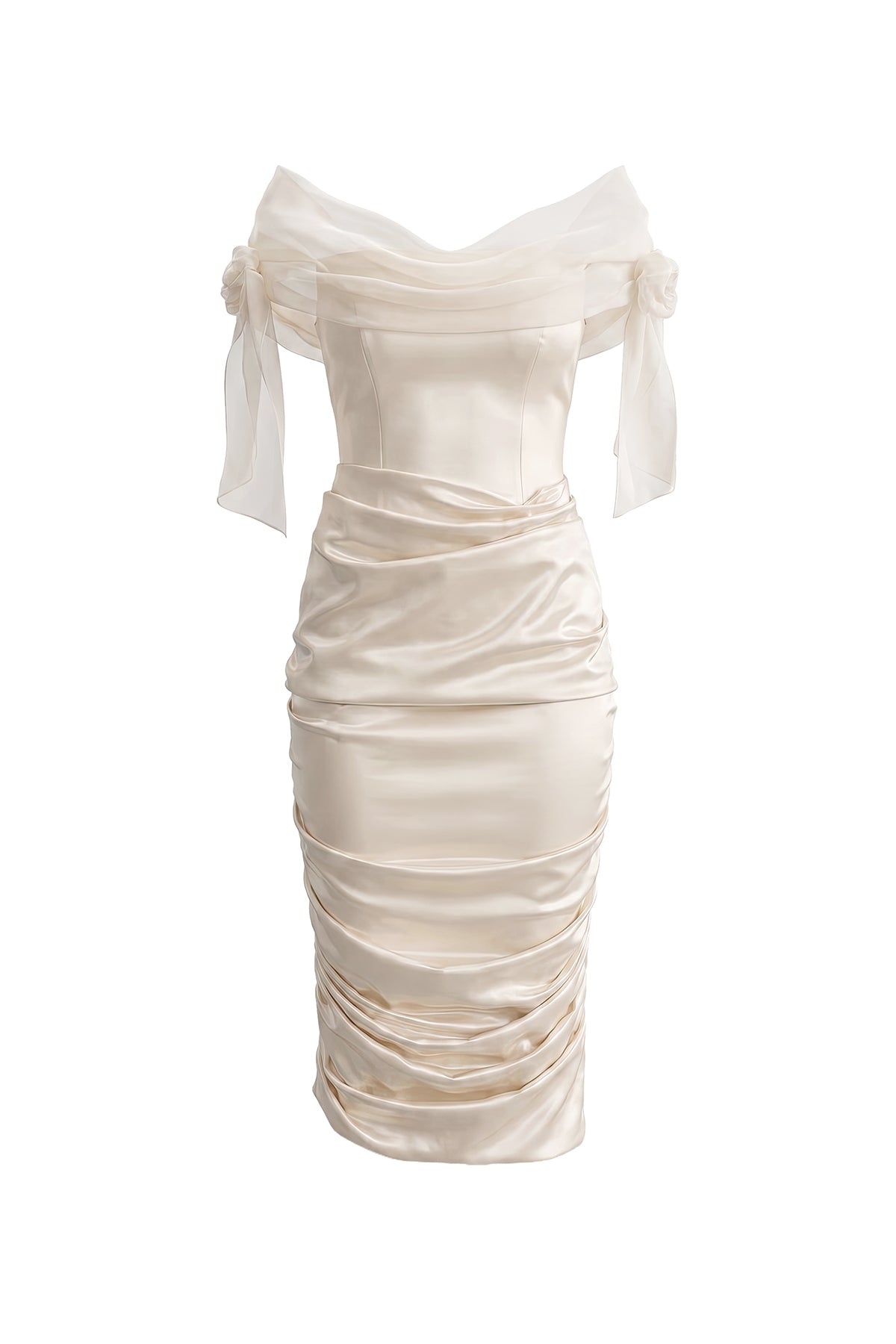 cream ruched midi dress Cream Ruched Sweetheart Neck Tiered Midi Dress  PinkBlush