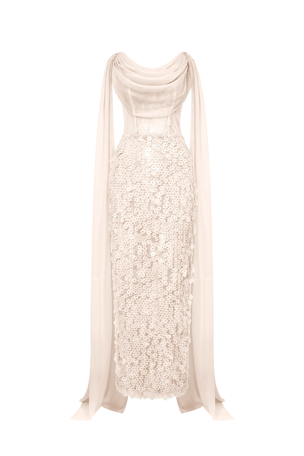 Solviva Sheath Cowl Neck Mesh Lace Ankle Length Dress