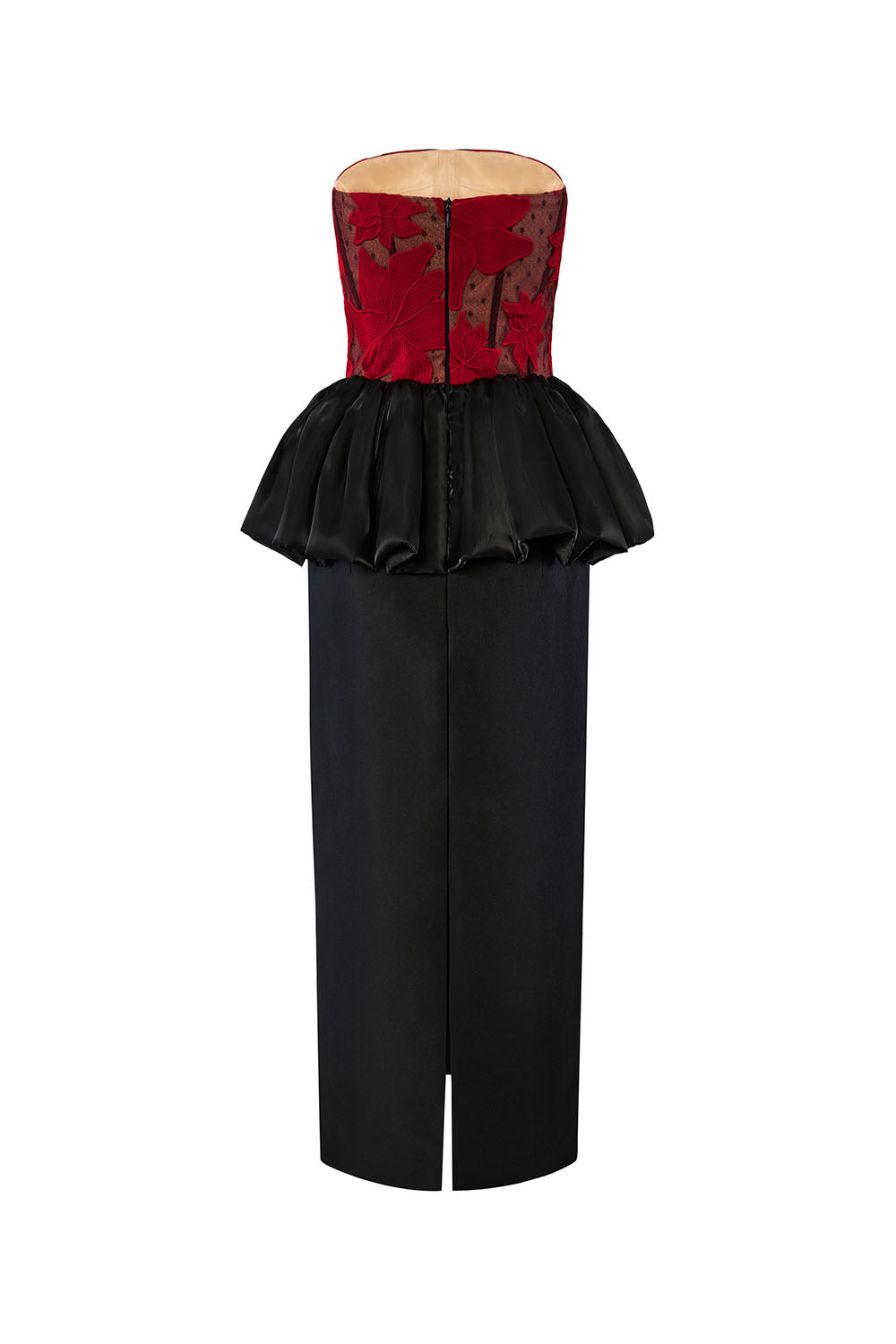 Asteria Peplum Straight Across Neck Mesh Taffeta Midi Dress