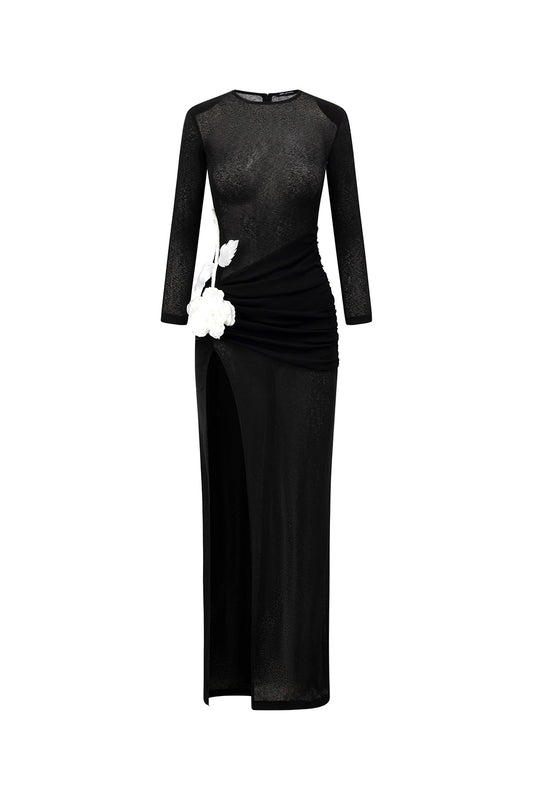 Caprila Slit Long Sleeved Jersey Floor Length Dress