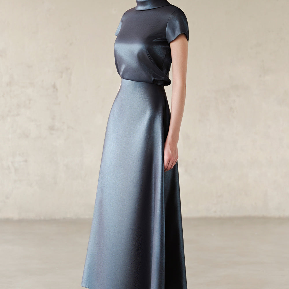 Women's Elin Mock Neck Satin Midi Dress S/M/L/Customize Sailor Blue MEAN BLVD Women's Elin Mock Neck Satin Midi Dress S/M/L/Customize Sailor Blue MEAN BLVD