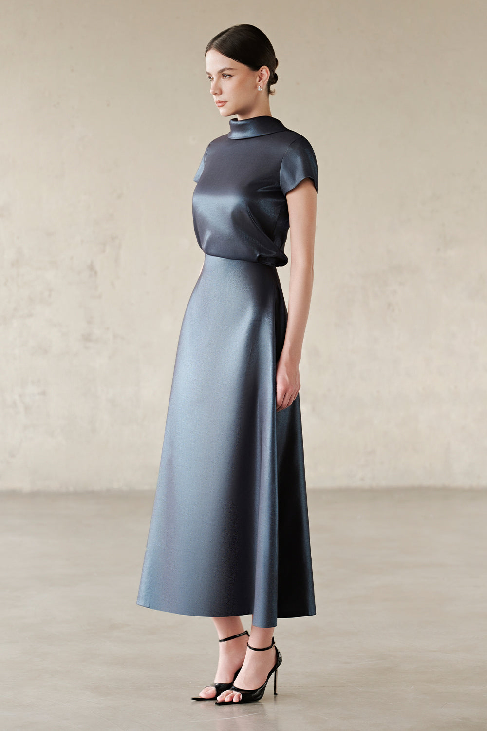 Women's Elin Mock Neck Satin Midi Dress S/M/L/Customize Sailor Blue MEAN  BLVD