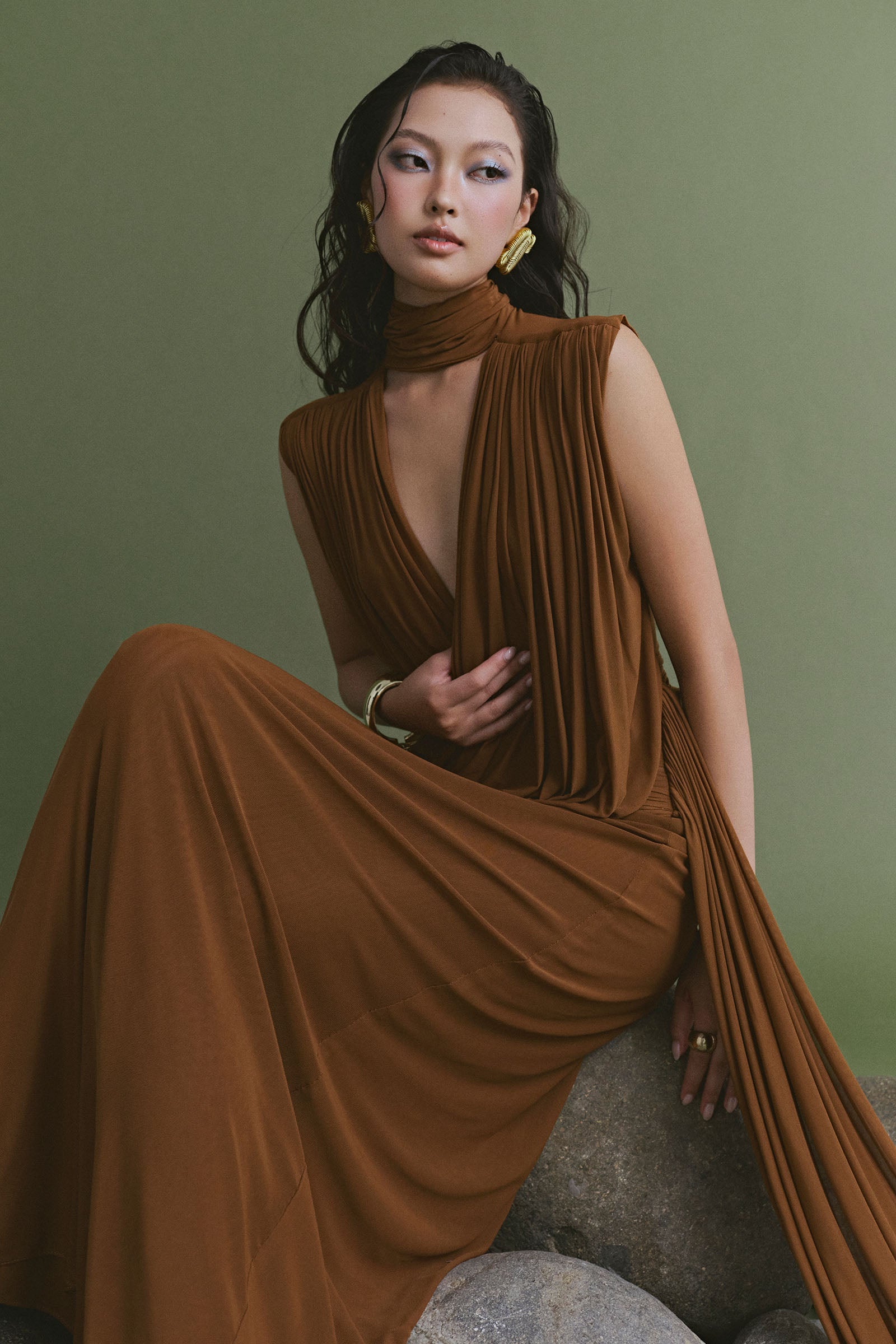 Women's Terra Draped Maxi Dress Earth Brown S/M/L/XL/Customize MEAN BLVD