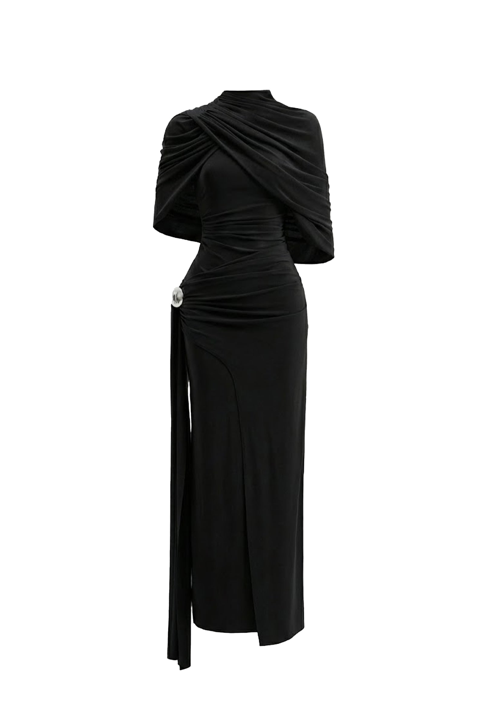 Athena Sheath Cape Shoulder Elastic Cotton Maxi Dress Black / XL