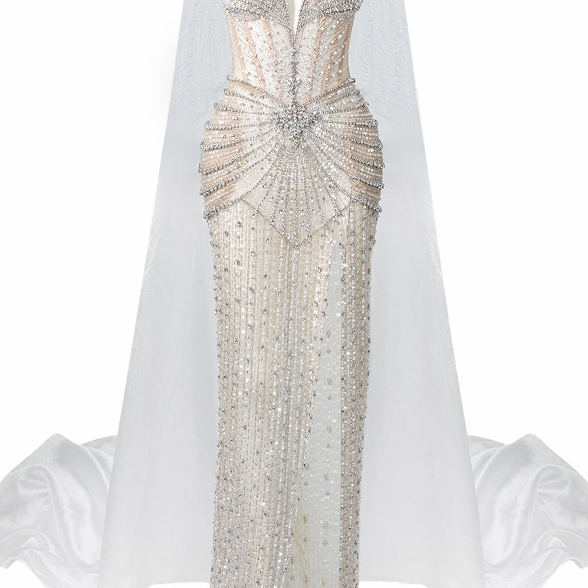 Josiah Sheath Cape Shoulder Mesh Floor Length Dress