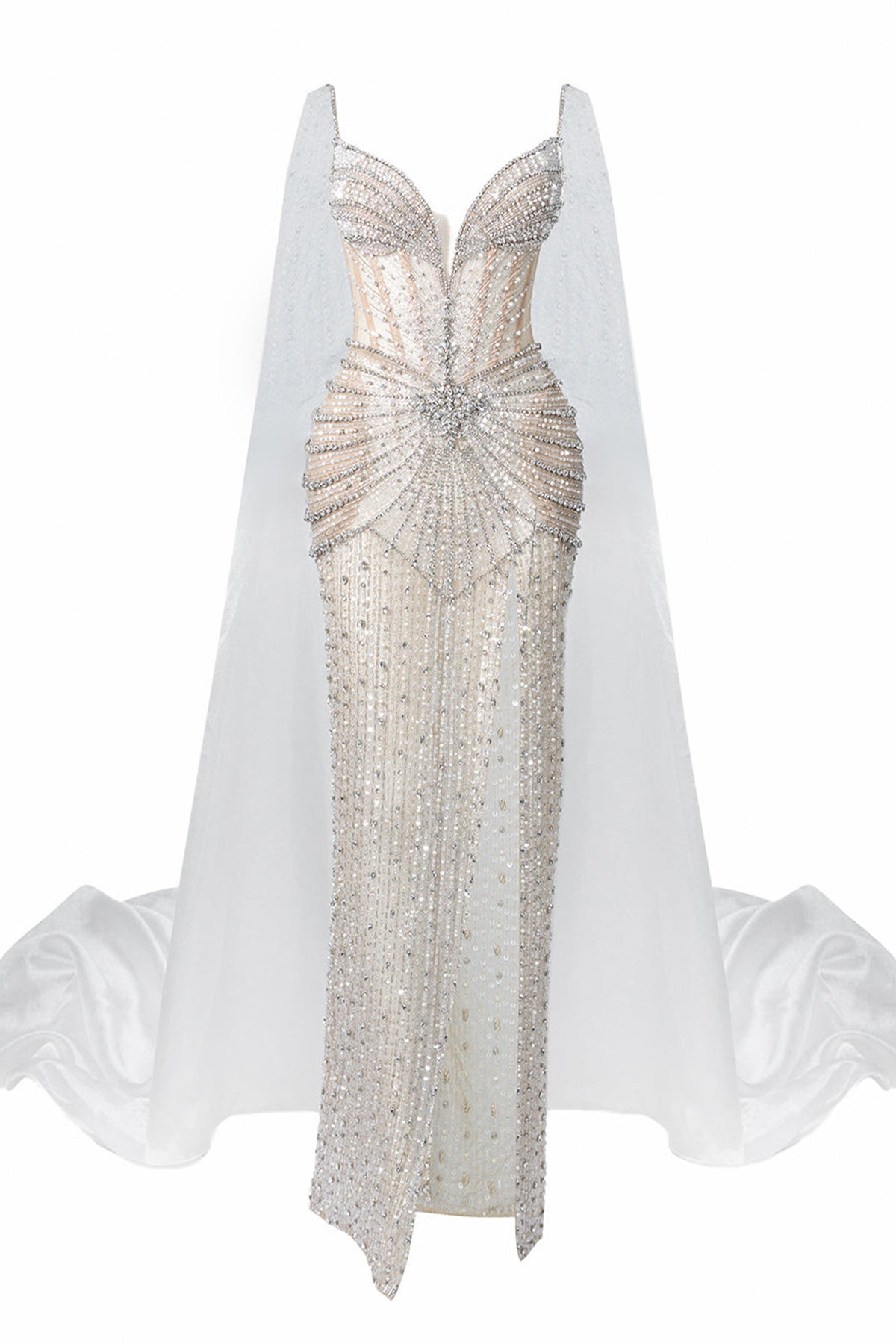 Josiah Sheath Cape Shoulder Mesh Floor Length Dress