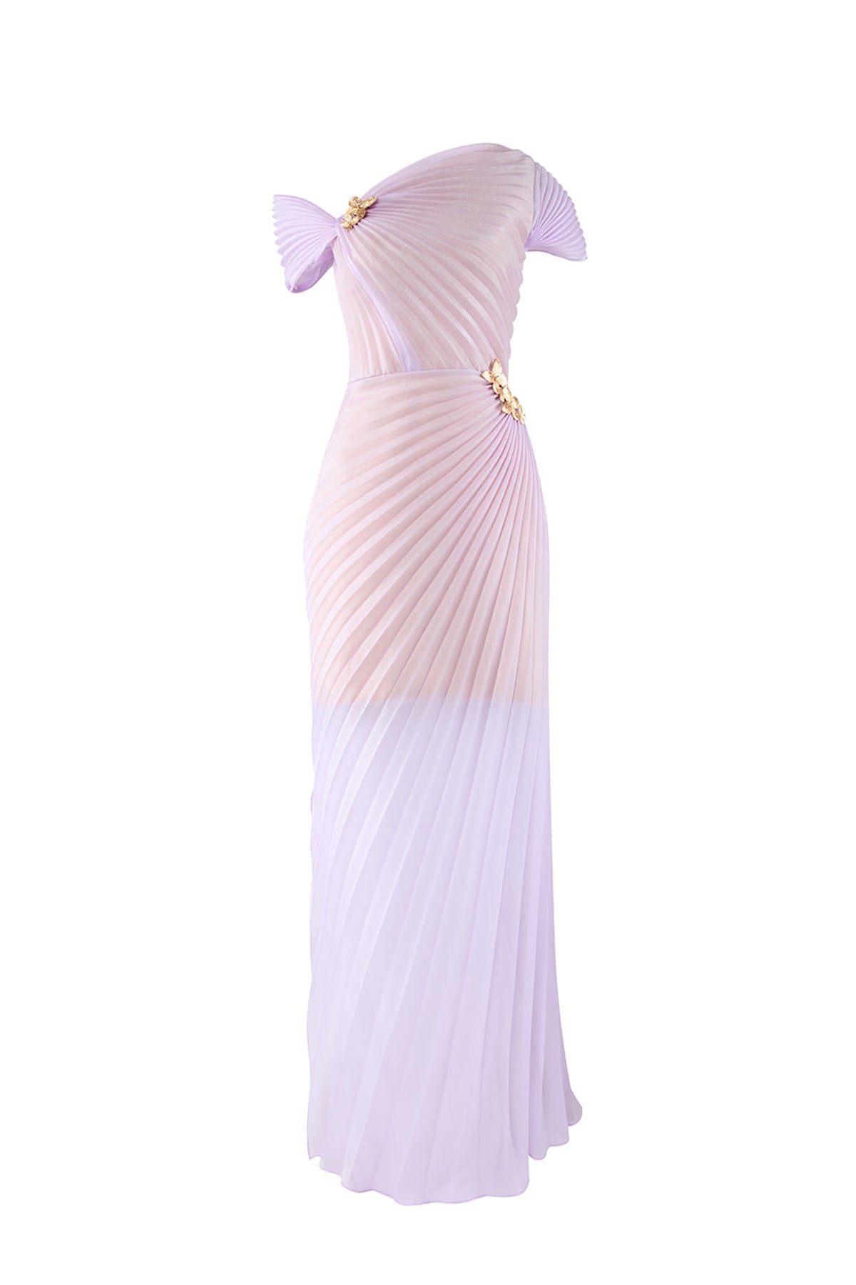 Virelle Pleated Asymmetric Neck Organza Floor Length Dress