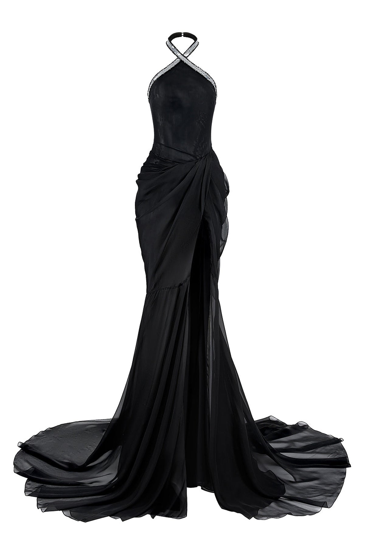 Women's Willa Slit Halter Neck Chiffon Extra Long Length Dress XS/S/M/L/Customize Black MEAN BLVD
