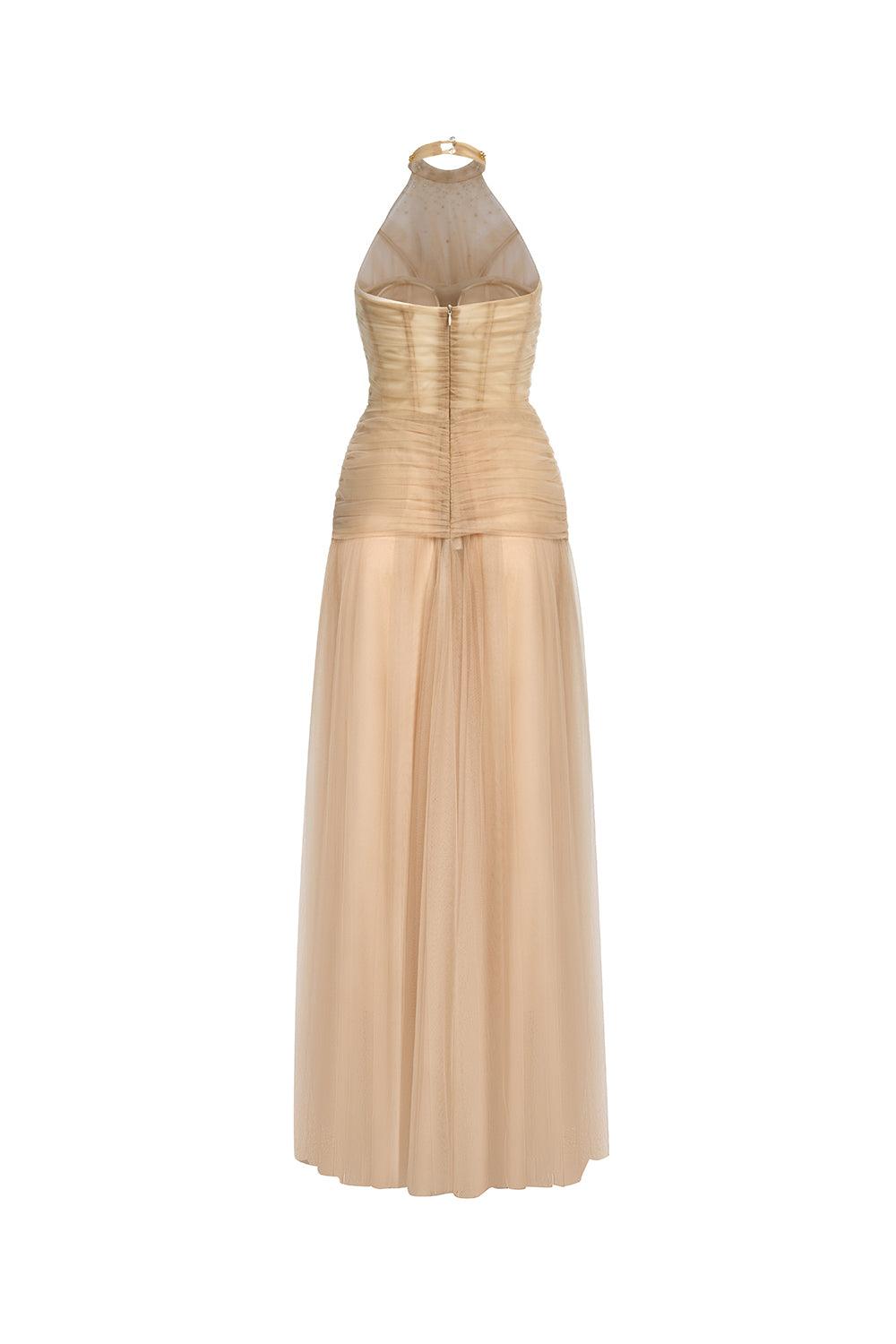 Luxueuse Flared Halter Neck Mesh Long Length Dress