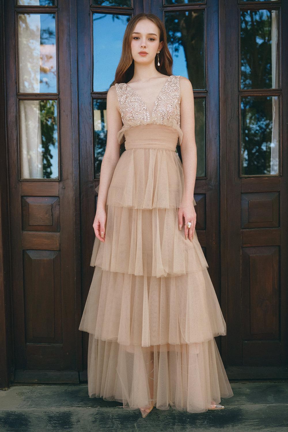 Charles Layered V-Neck Tulle Floor Length Dress - MEAN BLVD